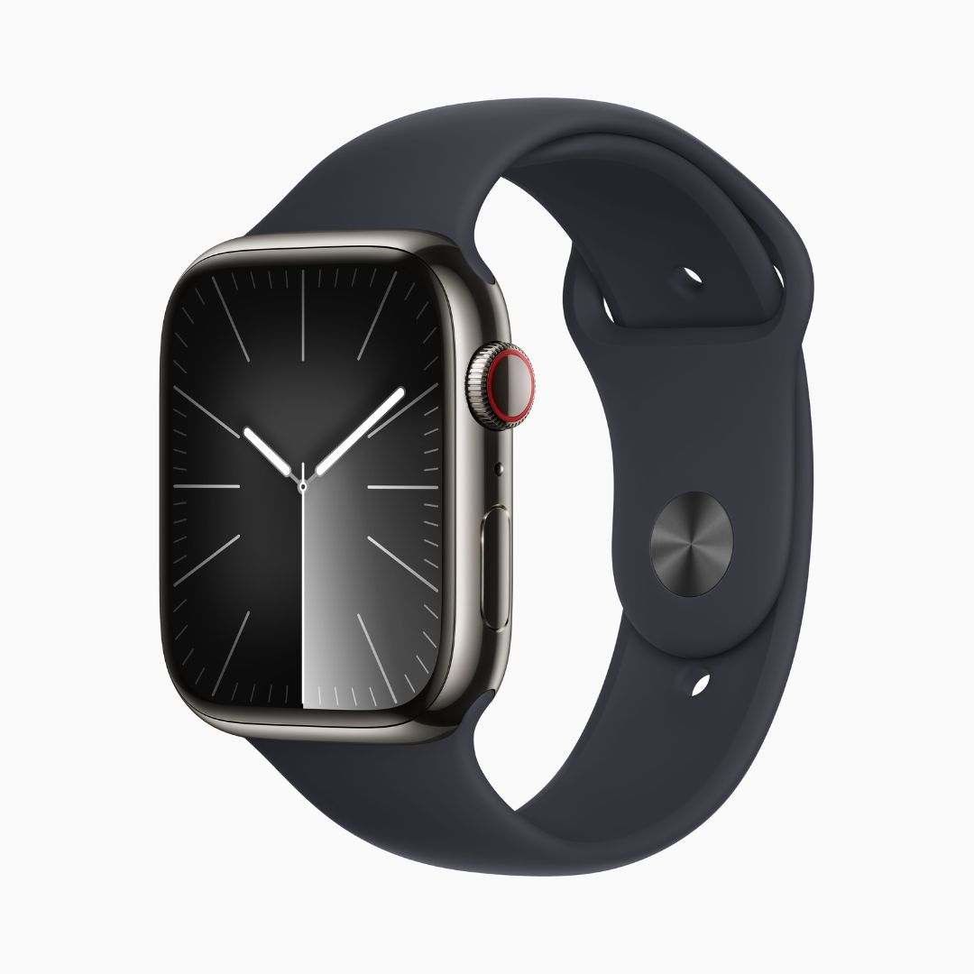 Apple Watch Series 9 Wi‑Fi 4 Bluetooth 5.3 • Caixa grafite de aço inoxidável – 45 mm • Pulseira esportiva meia-noite