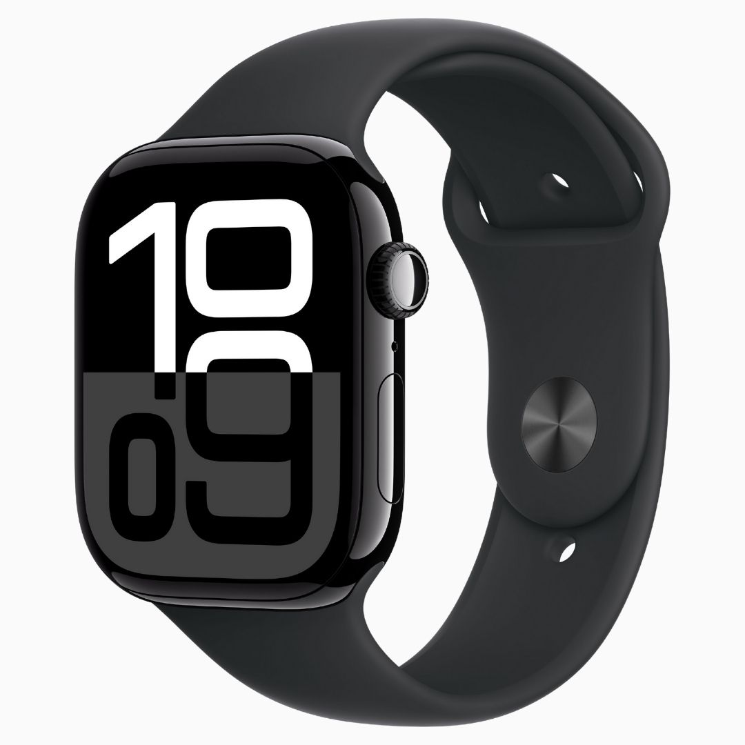 Alternative view of Apple Watch Series 10 GPS • Caixa preta brilhante de alumínio – 42 mm • Pulseira esportiva preta – P/M