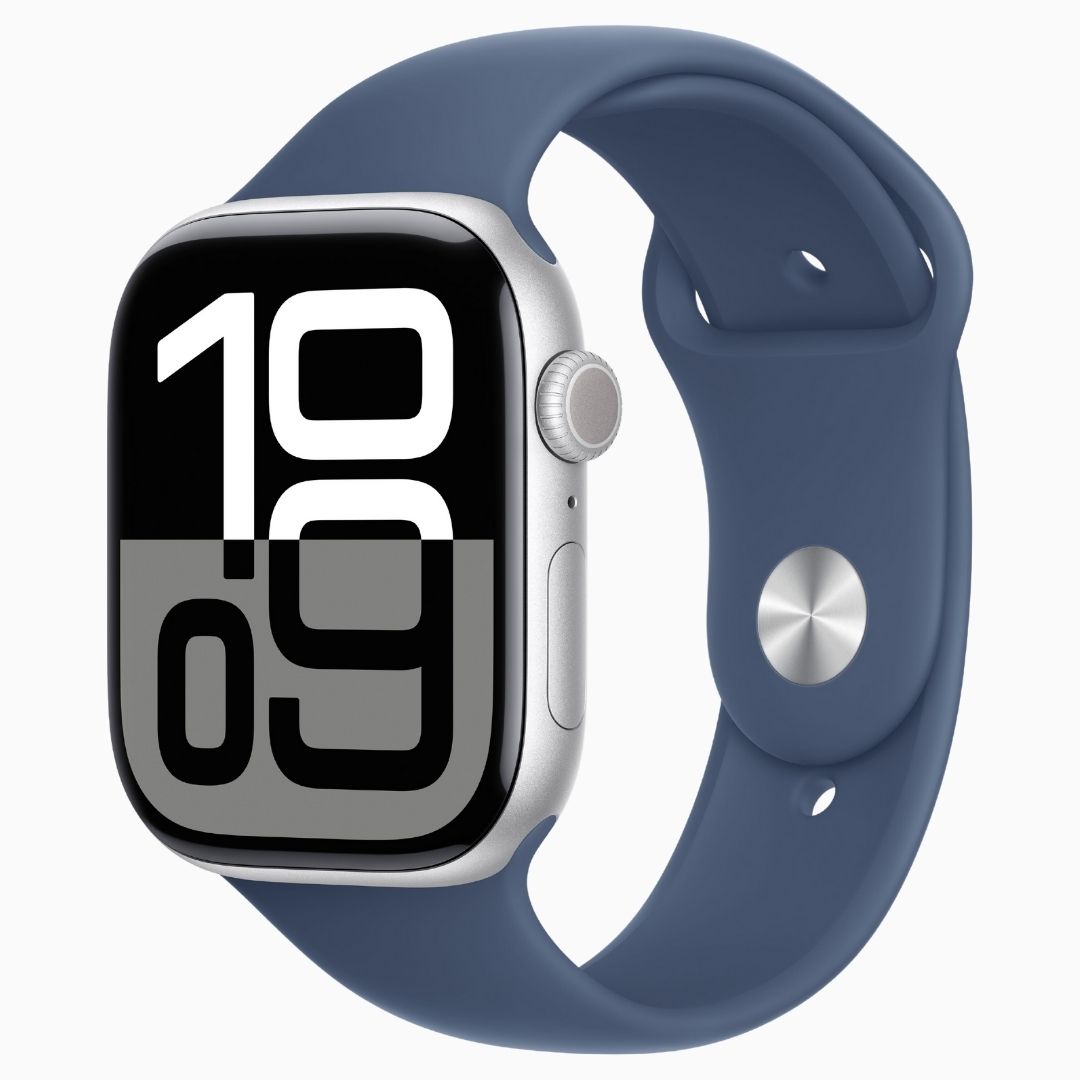 Apple Watch Series 10 GPS • Caixa prateada de alumínio – 46 mm • Pulseira esportiva denim – M/G