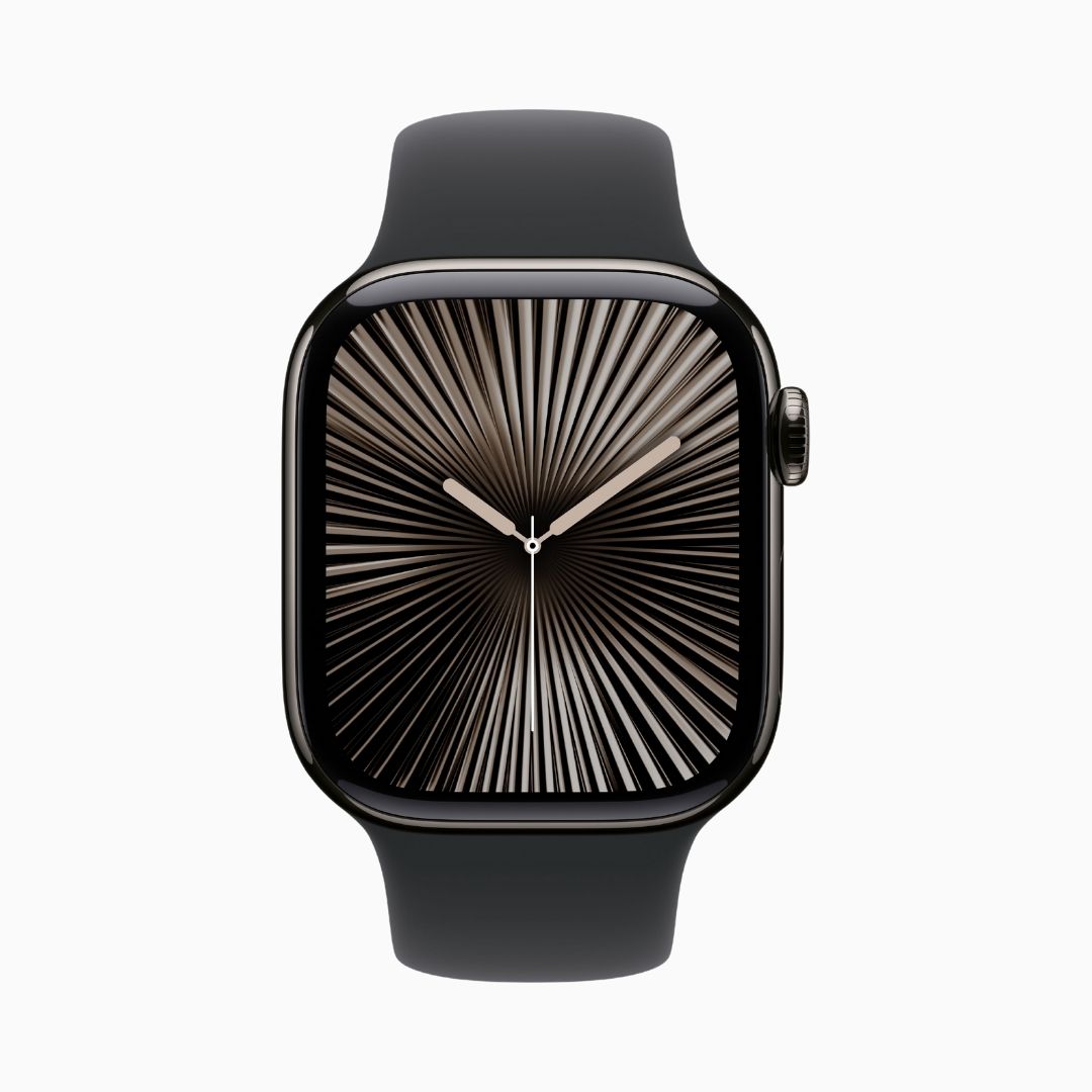 Alternative view of Apple Watch Series 10 GPS + Cellular • Caixa ardósia de titânio – 42 mm • Pulseira ardósia estilo milanês