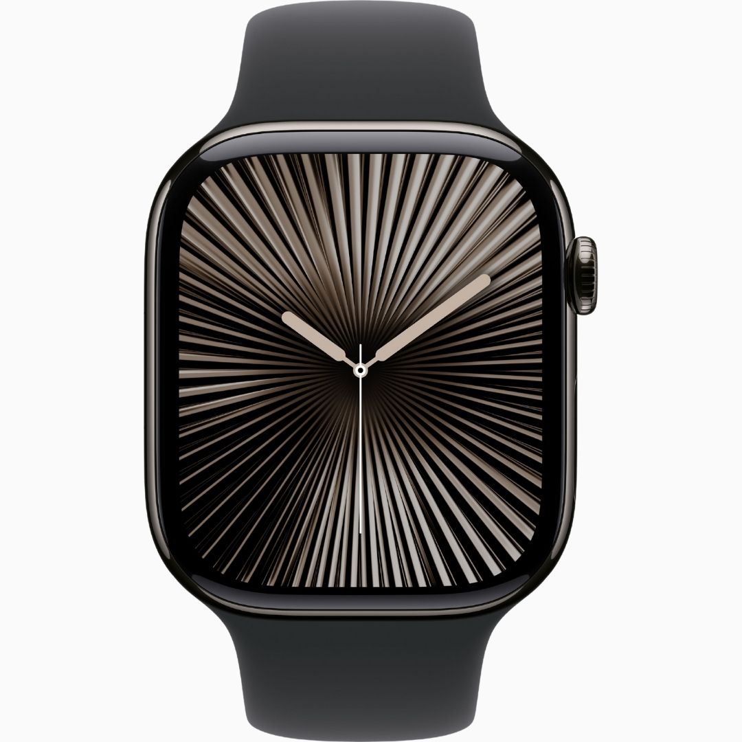 Alternative view of Apple Watch Series 10 GPS • Caixa ardósia de titânio – 42 mm • Pulseira esportiva preta – P/M