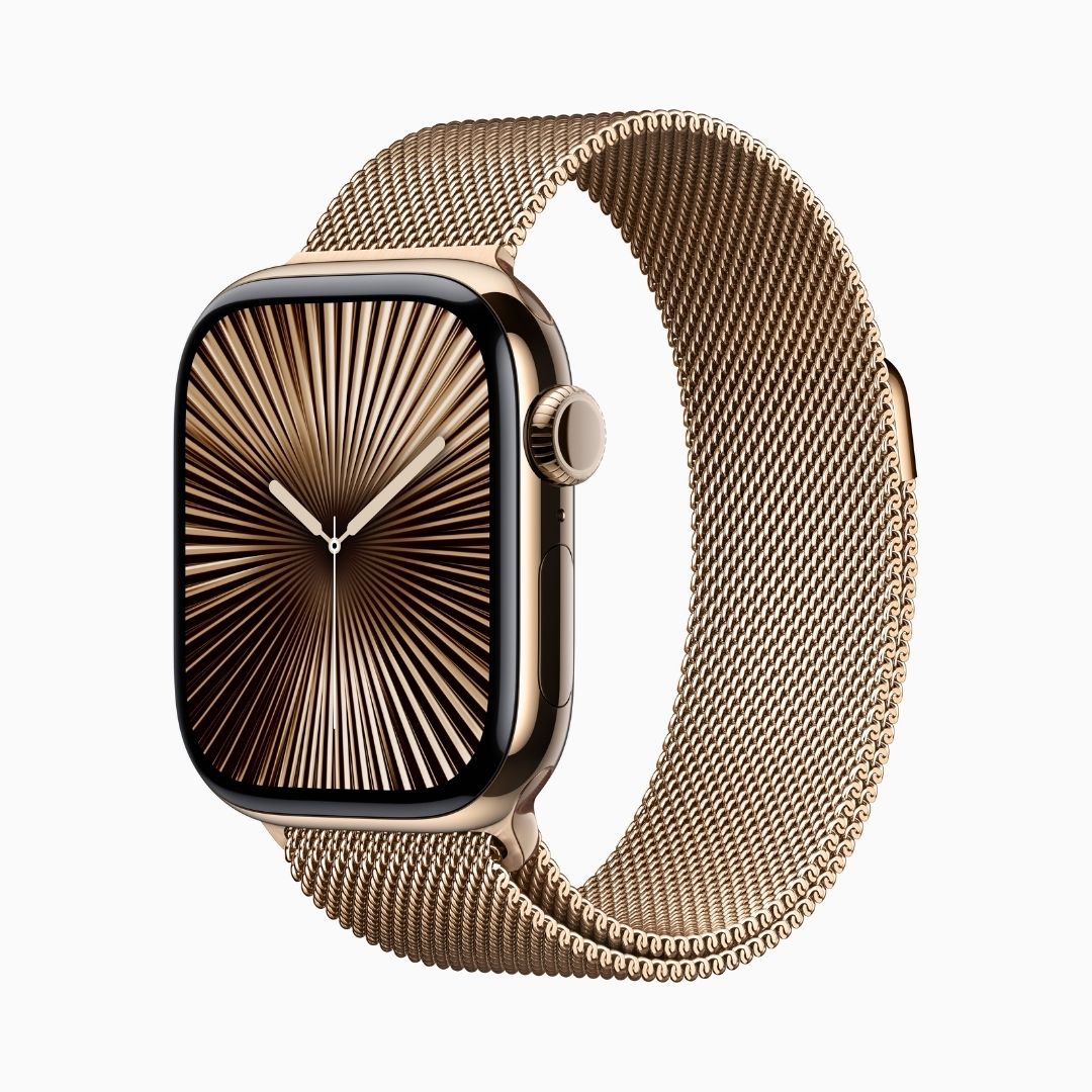 Apple Watch Series 10 GPS + Cellular • Caixa dourada de titânio – 42 mm • Pulseira dourada estilo milanês
