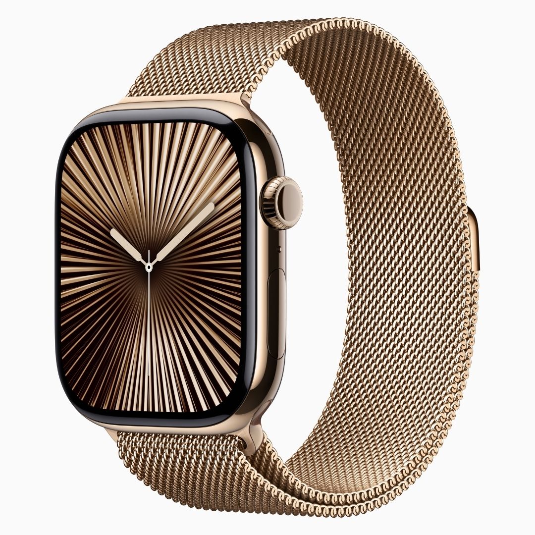 Alternative view of Apple Watch Series 10 GPS + Cellular • Caixa dourada de titânio – 42 mm • Pulseira dourada estilo milanês