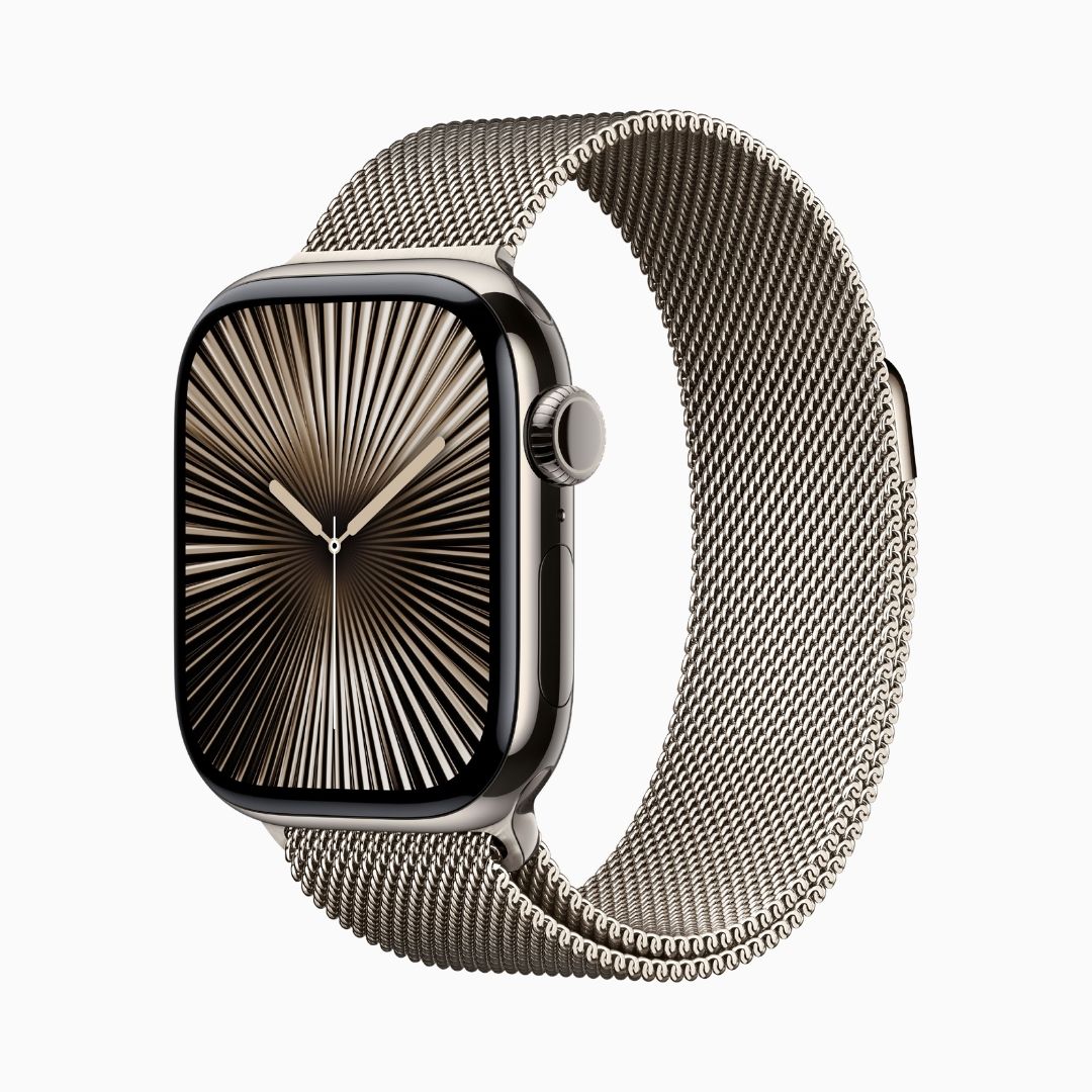 Apple Watch Series 10 GPS + Cellular • Caixa natural de titânio – 42 mm • Pulseira natural estilo milanês
