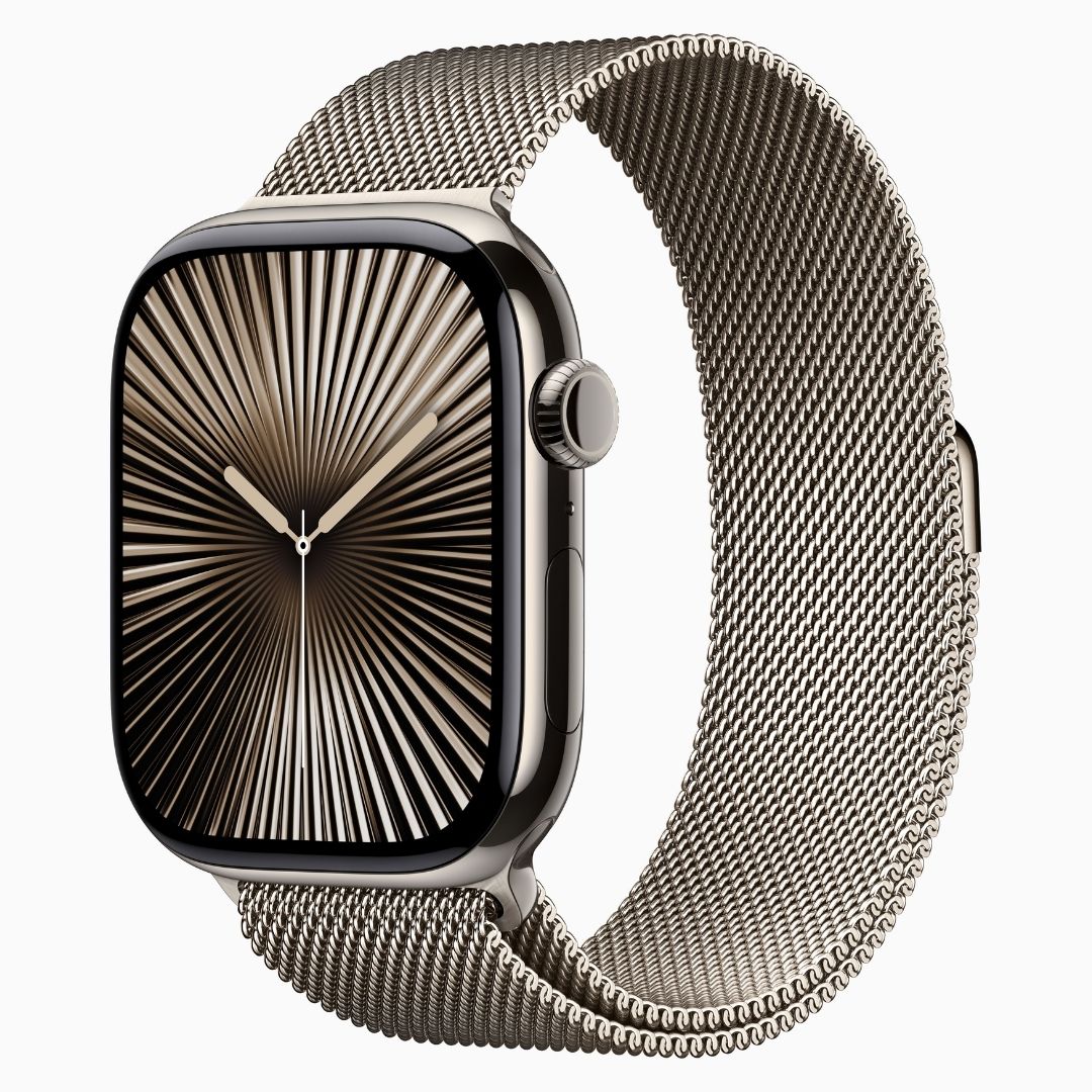 Alternative view of Apple Watch Series 10 GPS + Cellular • Caixa natural de titânio – 42 mm • Pulseira natural estilo milanês