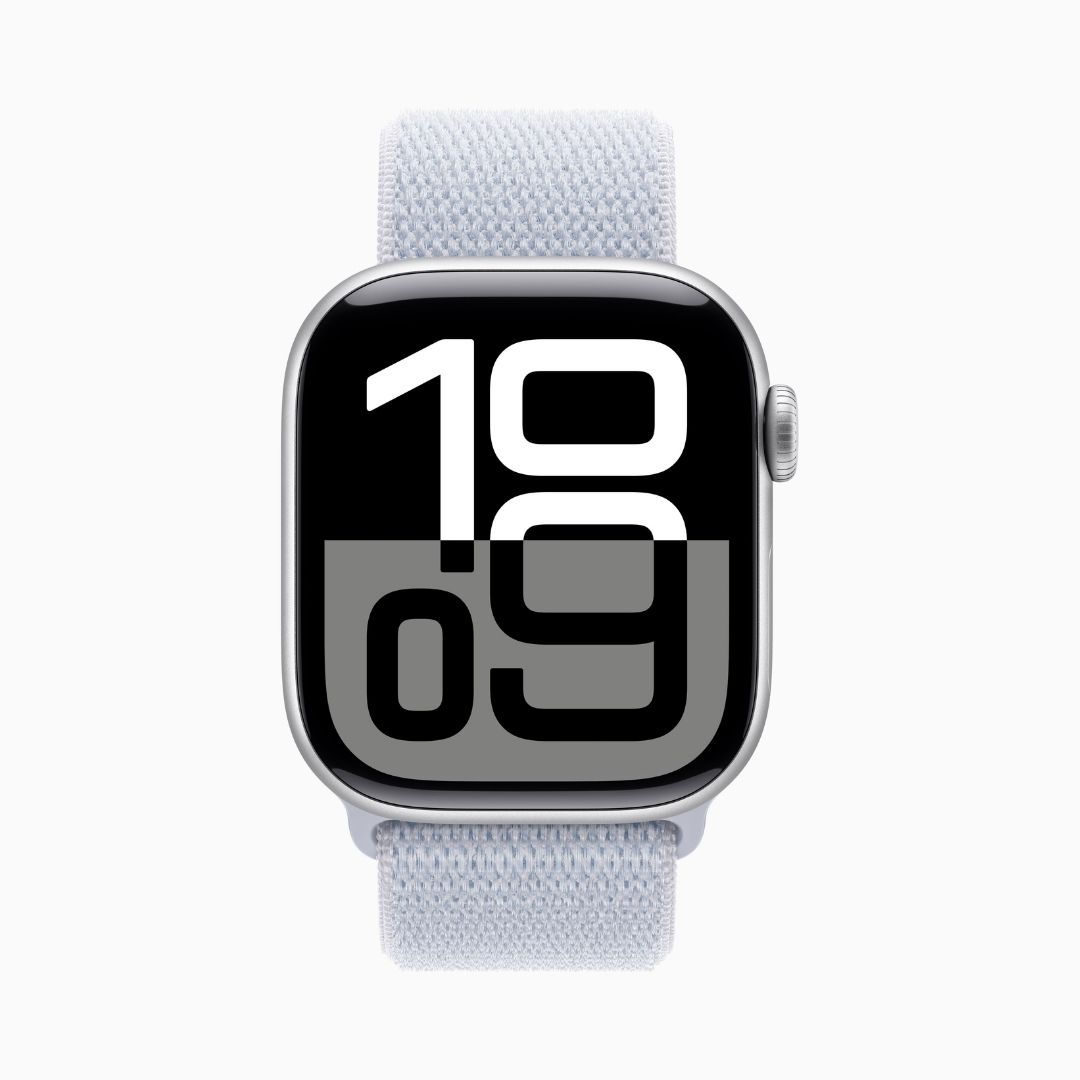 Alternative view of Apple Watch Series 10 GPS • Caixa prateada de alumínio – 42 mm • Pulseira loop esportiva nuvem azul