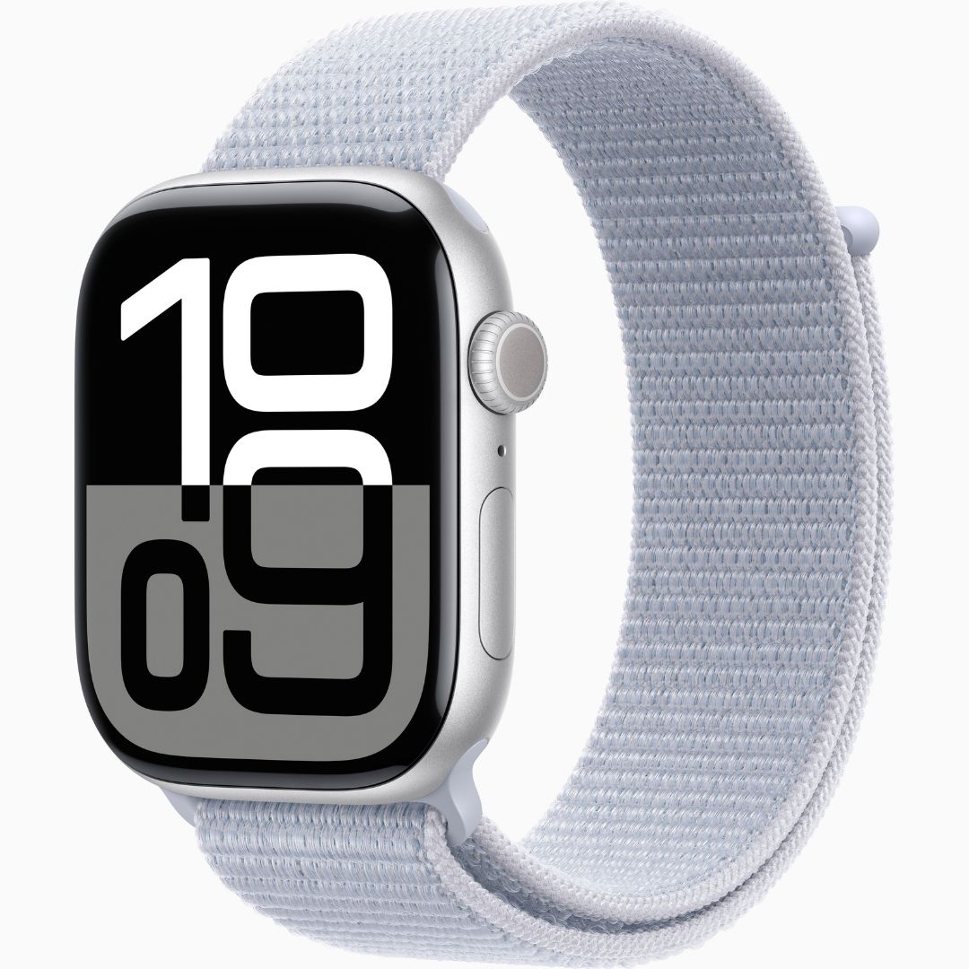 Apple Watch Series 10 GPS • Caixa prateada de alumínio – 46 mm • Pulseira loop esportiva nuvem azul