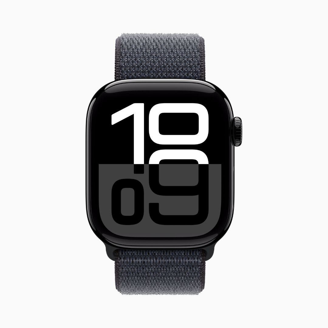 Alternative view of Apple Watch Series 10 GPS • Caixa preta brilhante de alumínio – 42 mm • Pulseira loop esportiva tinto