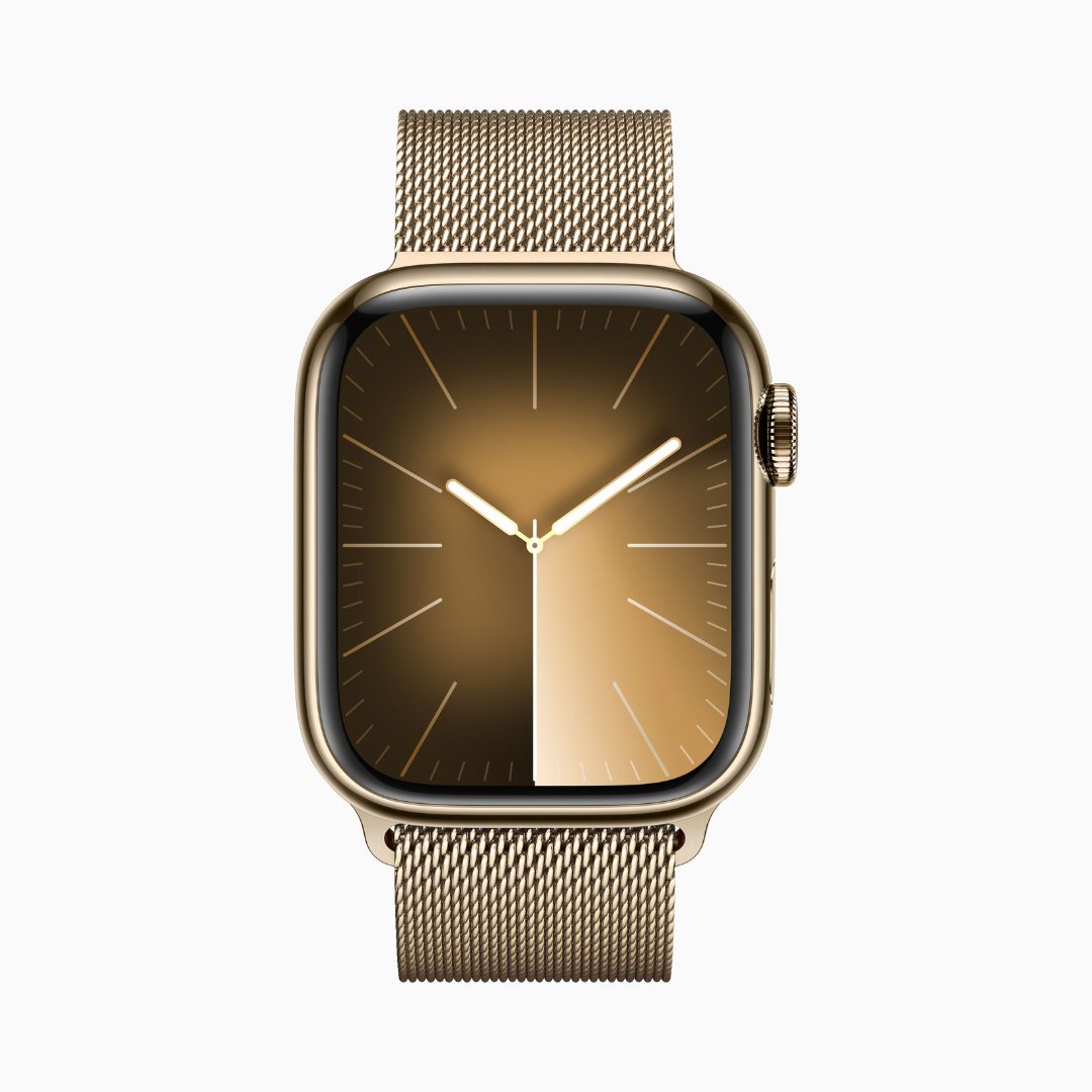 Alternative view of Apple Watch Series 9 Wi‑Fi 4 Bluetooth 5.3 • Caixa dourada de aço inoxidável – 41 mm • Pulseira dourada estilo milanês