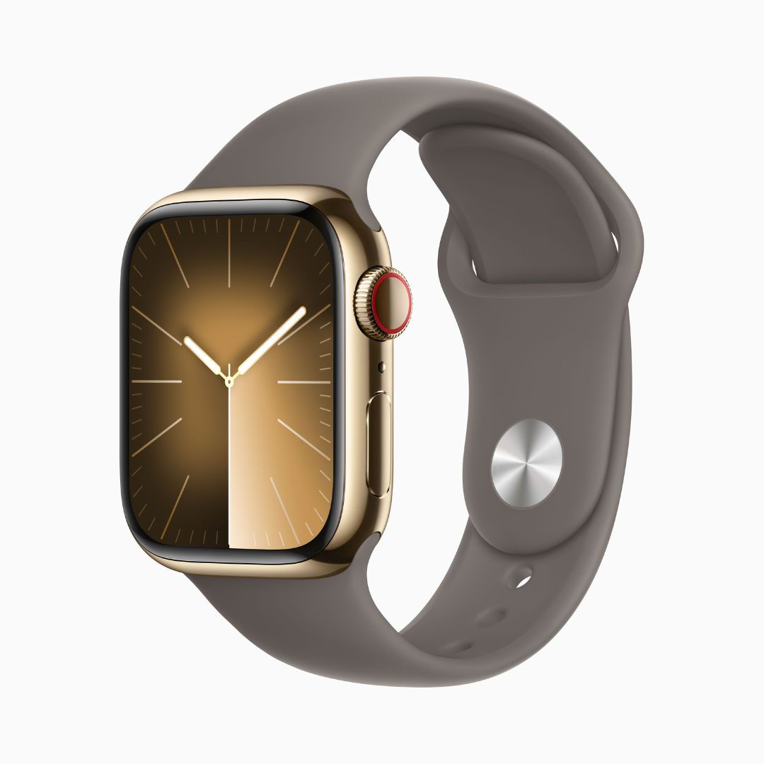 Apple Watch Series 9 Wi‑Fi 4 Bluetooth 5.3 • Caixa dourada de aço inoxidável – 41 mm • Pulseira esportiva argila