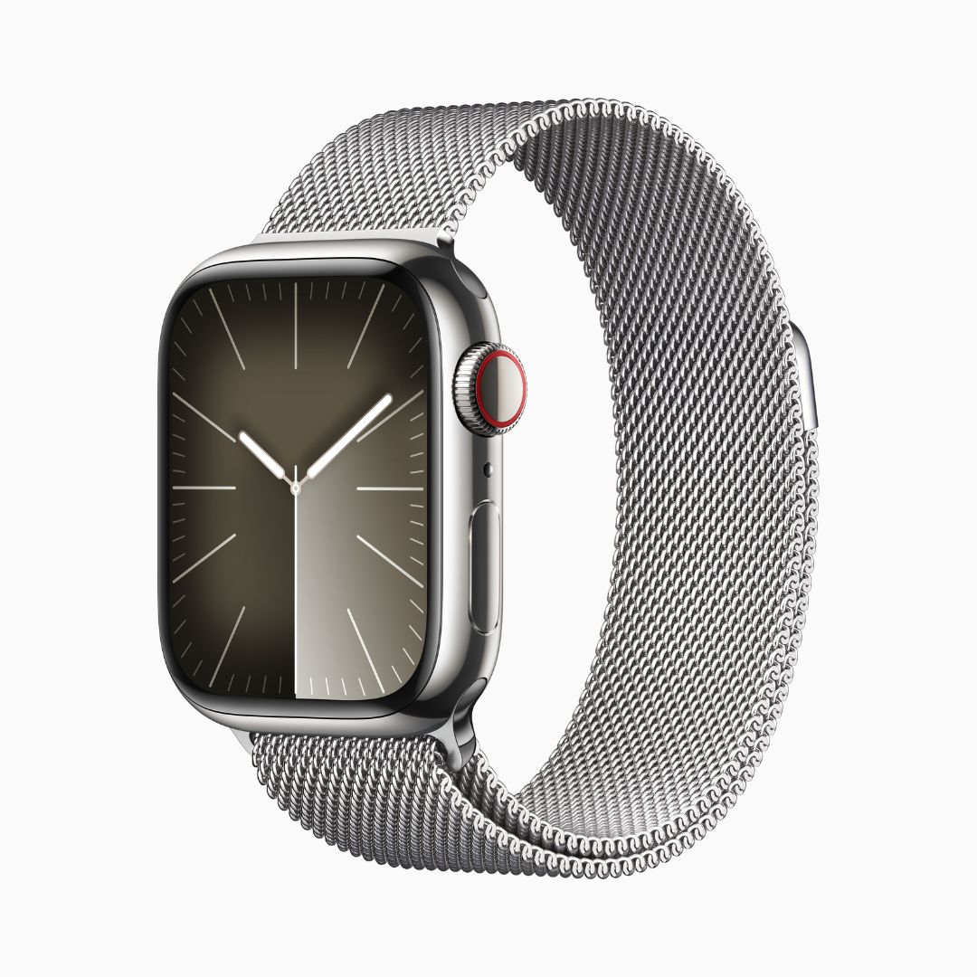 Apple Watch Series 9 Wi‑Fi 4 Bluetooth 5.3 • Caixa prateada de aço inoxidável – 41 mm • Pulseira prateada estilo milanês