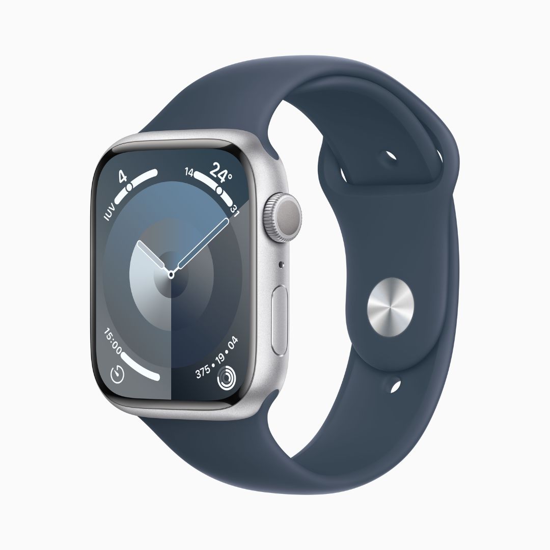 Apple Watch Series 9 Wi‑Fi 4 Bluetooth 5.3 Caixa prateada de alumínio – 45 mm • Pulseira esportiva azul-tempestade
