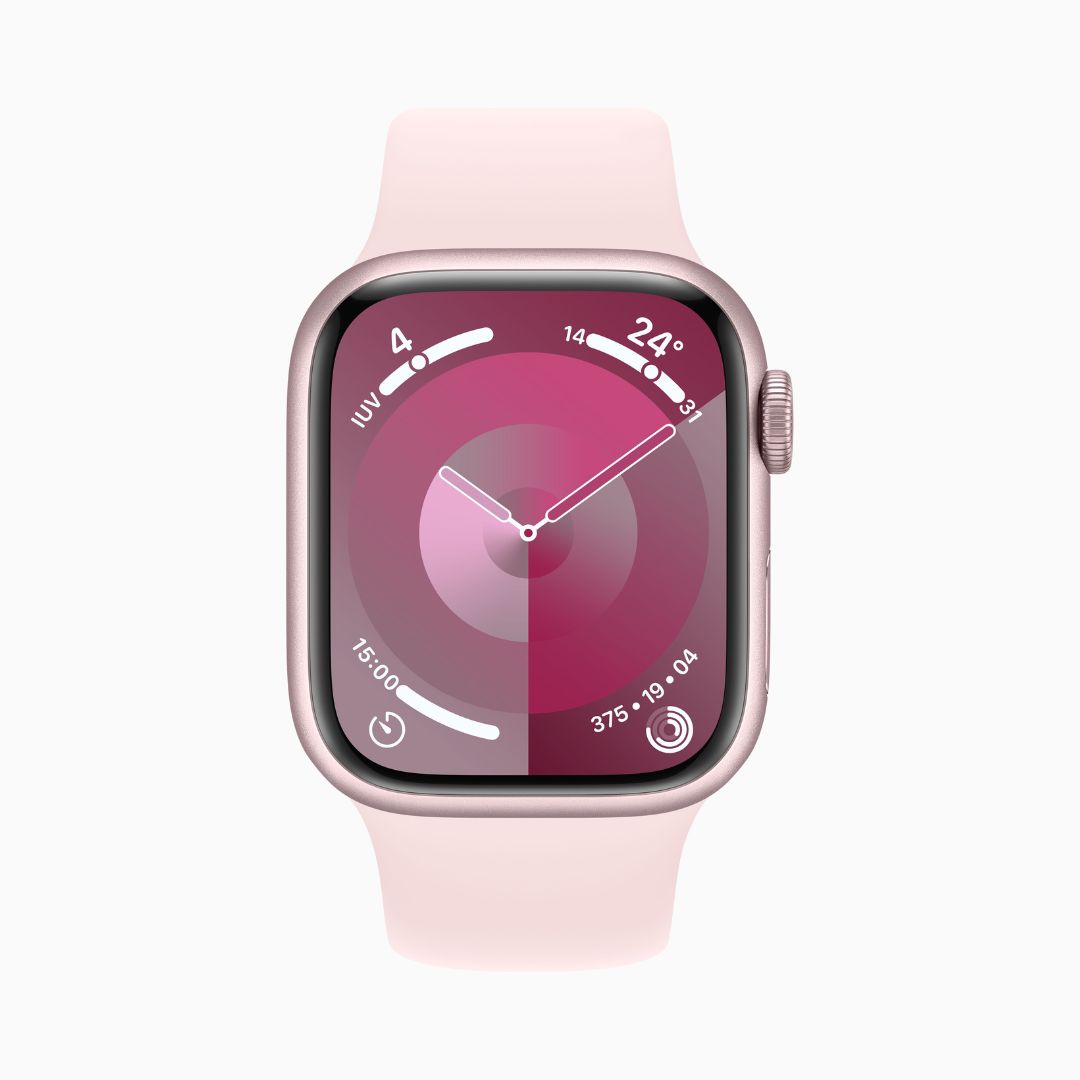 Alternative view of Apple Watch Series 9 Wi‑Fi 4 Bluetooth 5.3 Caixa rosa de alumínio – 41 mm • Pulseira esportiva rosa-clara