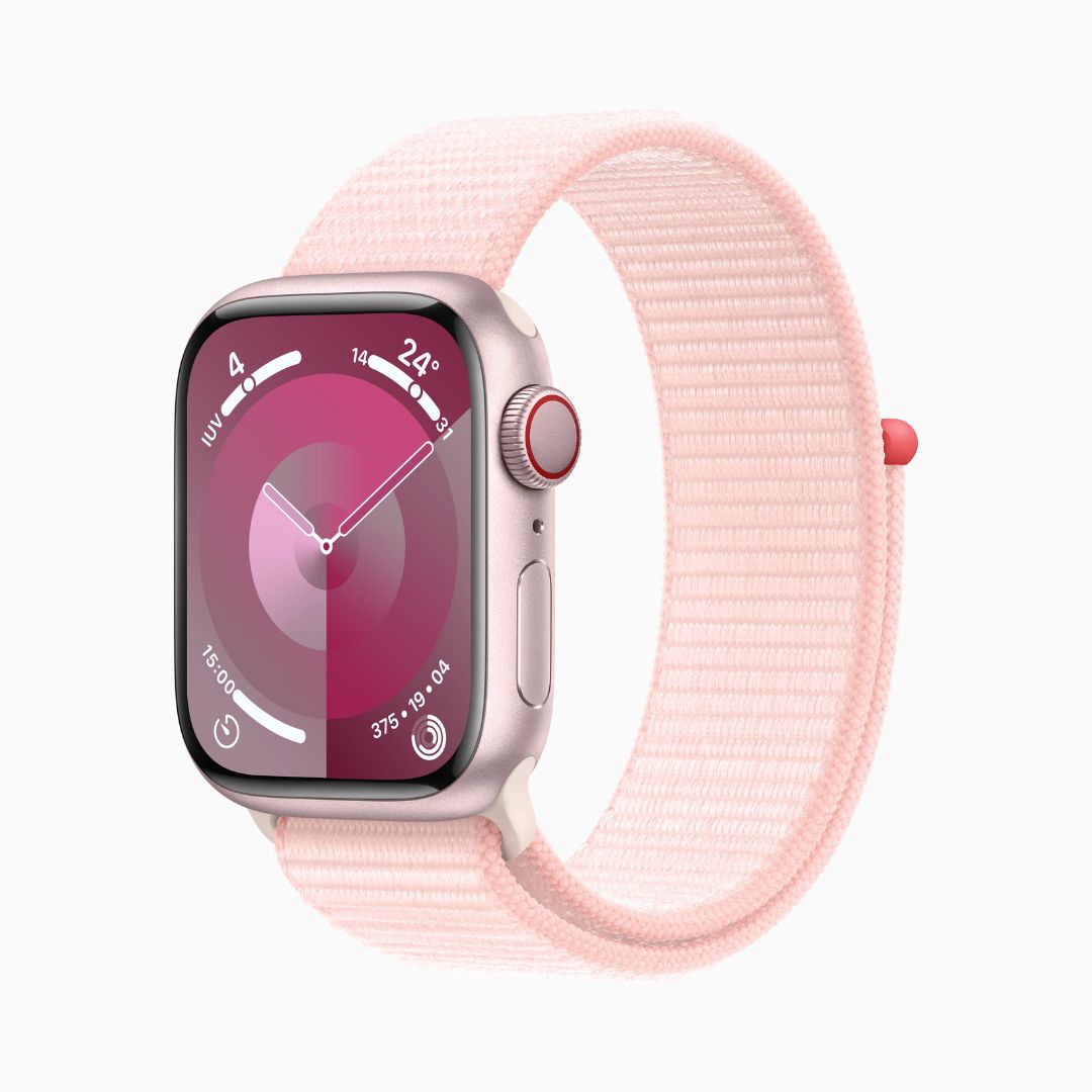 Apple Watch Series 9 Wi‑Fi 4 Bluetooth 5.3 Caixa rosa de alumínio – 41 mm • Pulseira loop esportiva rosa-clara
