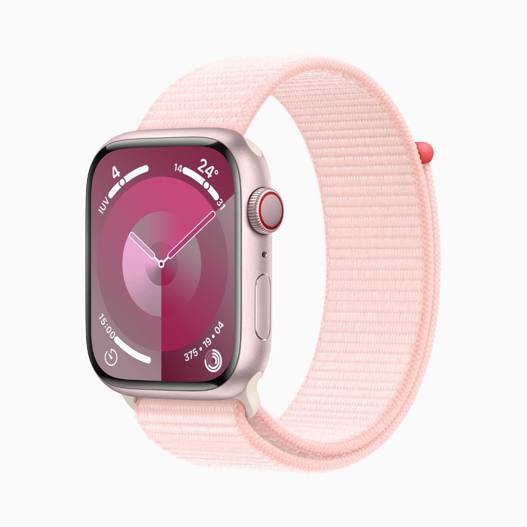 Apple Watch Series 9 Wi‑Fi 4 Bluetooth 5.3 Caixa rosa de alumínio – 45 mm • Pulseira loop esportiva rosa-clara