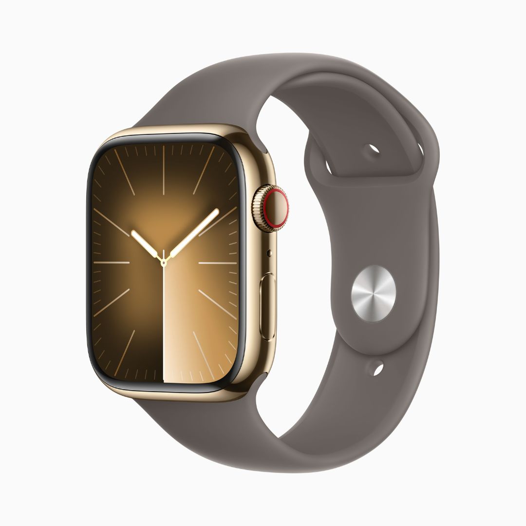 Apple Watch Series 9 Wi‑Fi 4 Bluetooth 5.3 • Caixa dourada de aço inoxidável – 45 mm • Pulseira esportiva argila
