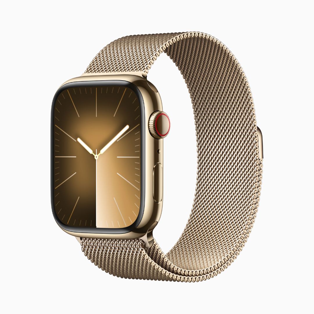 Apple Watch Series 9 Wi‑Fi 4 Bluetooth 5.3 • Caixa dourada de aço inoxidável – 45 mm • Pulseira dourada estilo milanês
