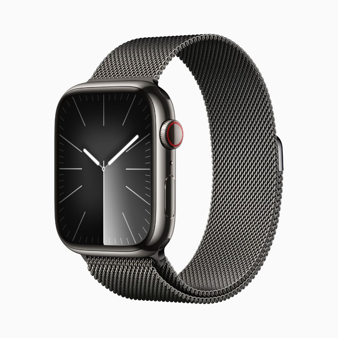 Apple Watch Series 9 Wi‑Fi 4 Bluetooth 5.3 • Caixa grafite de aço inoxidável – 45 mm • Pulseira grafite estilo milanês