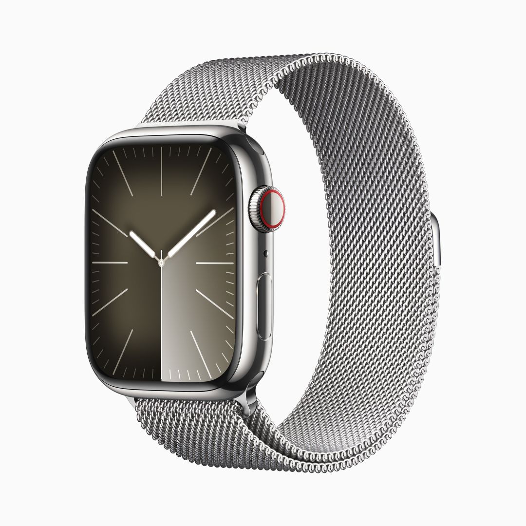 Apple Watch Series 9 Wi‑Fi 4 Bluetooth 5.3 • Caixa prateada de aço inoxidável – 45 mm • Pulseira prateada estilo milanês