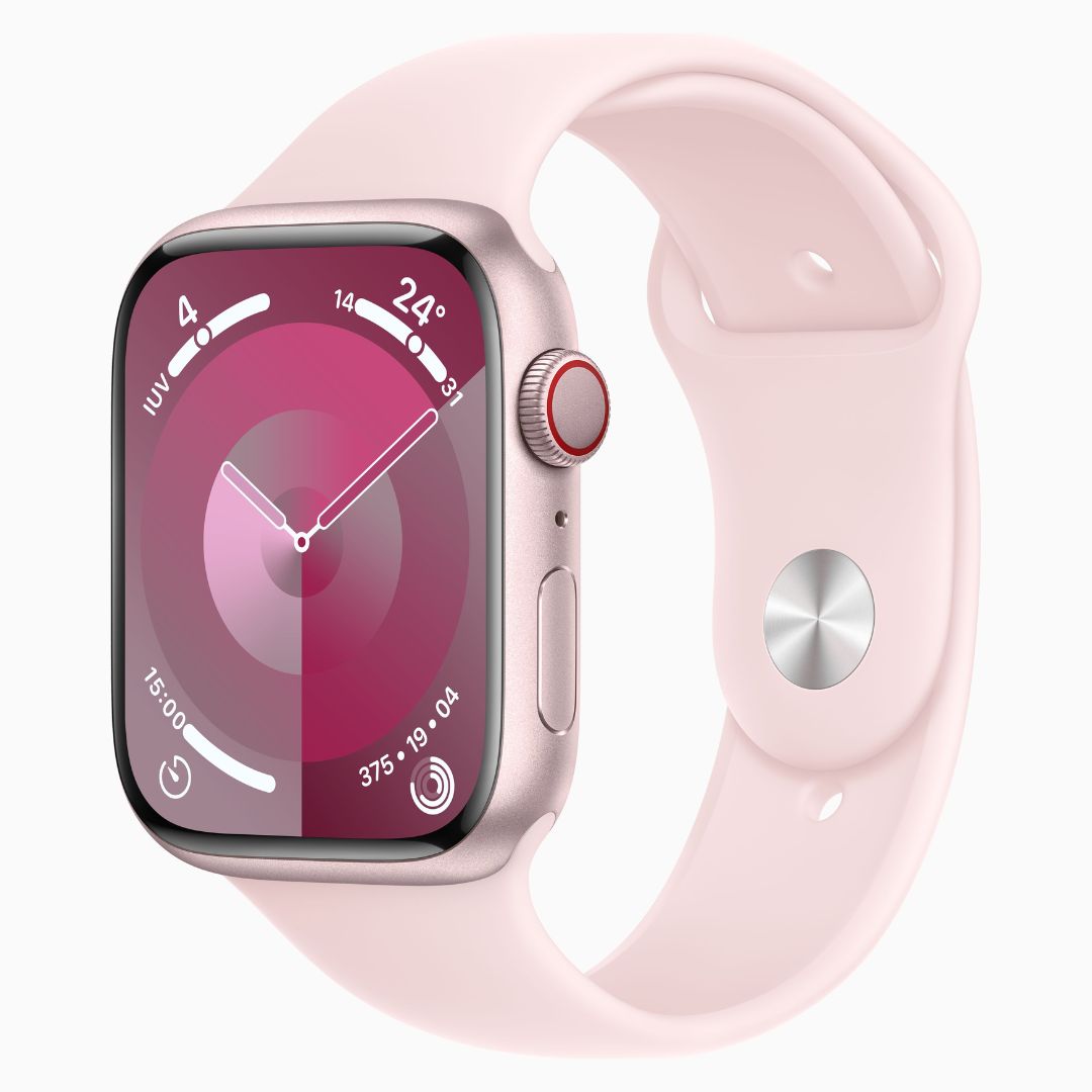 Apple Watch Series 9 Wi‑Fi 4 Bluetooth 5.3 Caixa rosa de alumínio – 45 mm • Pulseira esportiva rosa-clara