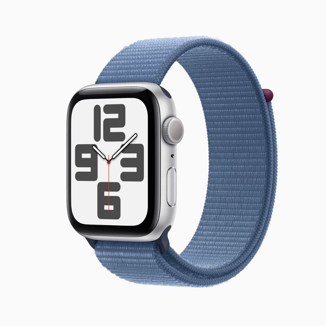 Apple Watch SE 2ª Wi‑Fi Bluetooth 5.3 • Caixa prateada de alumínio – 44 mm • Pulseira loop esportiva azul-inverno
